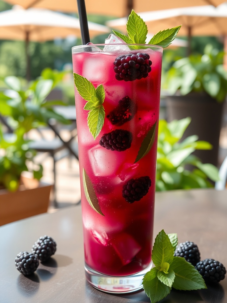 A refreshing Blackberry Mojito cocktail with ice, blackberries, and mint, served on a sunny patio.